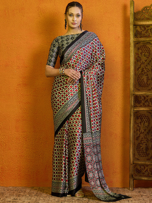 Women's Satin Red Printed Designer Saree With Blouse Piece