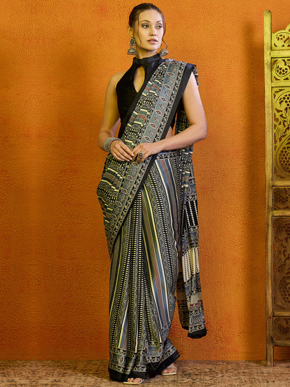 Women's Satin Grey Printed Designer Saree With Blouse Piece