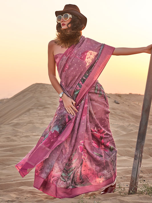 Women's Linen Burgundy Printed Designer Saree With Blouse Piece