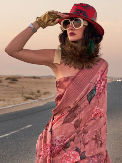 Women's Linen Brown Printed Designer Saree With Blouse Piece