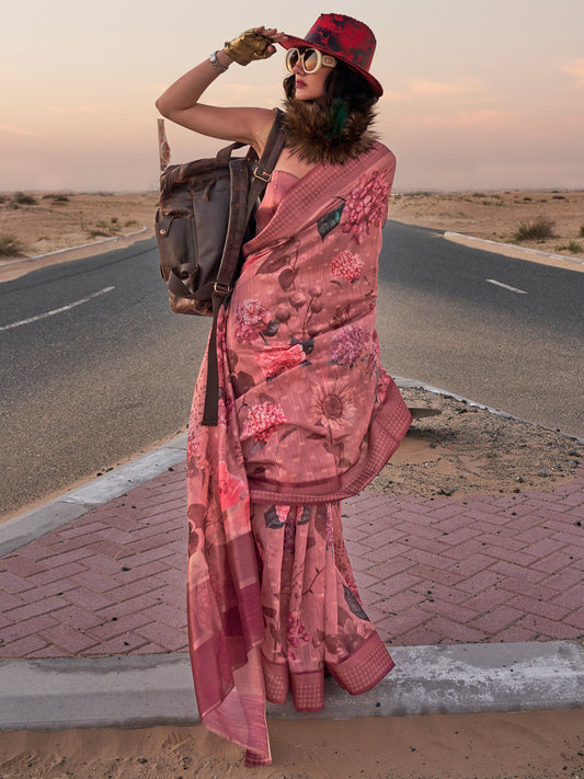 Women's Linen Brown Printed Designer Saree With Blouse Piece