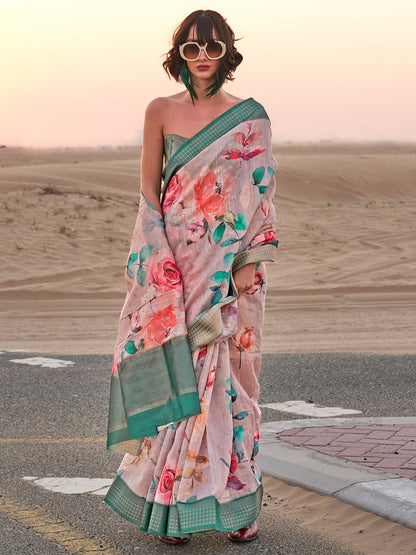 Women's Linen Cream Printed Designer Saree With Blouse Piece