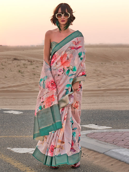 Women's Linen Cream Printed Designer Saree With Blouse Piece