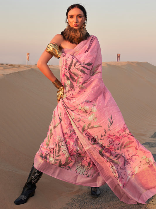 Women's Linen Pink Printed Designer Saree With Blouse Piece