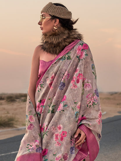Women's Linen Grey Printed Designer Saree With Blouse Piece