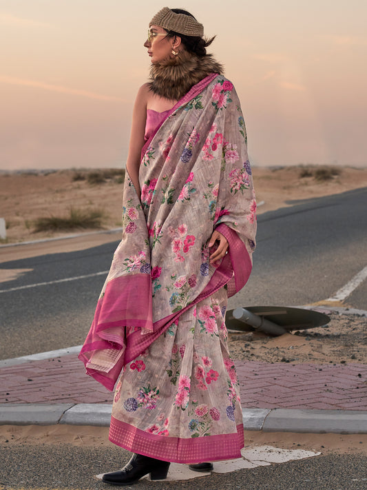 Women's Linen Grey Printed Designer Saree With Blouse Piece