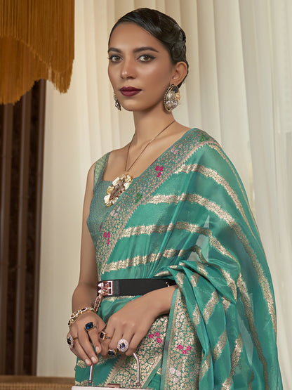 Women's Organza Teal blue Woven Design Designer Saree With Blouse Piece