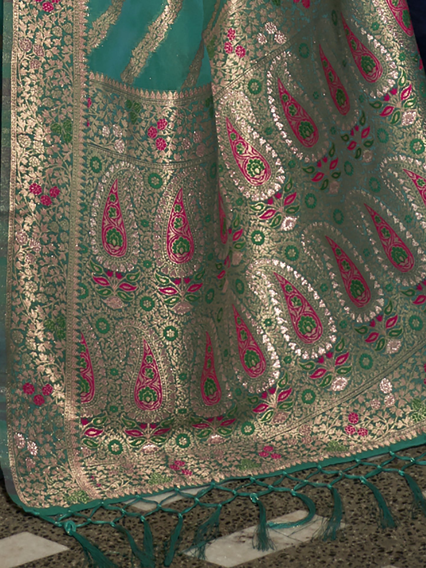 Women's Organza Teal blue Woven Design Designer Saree With Blouse Piece