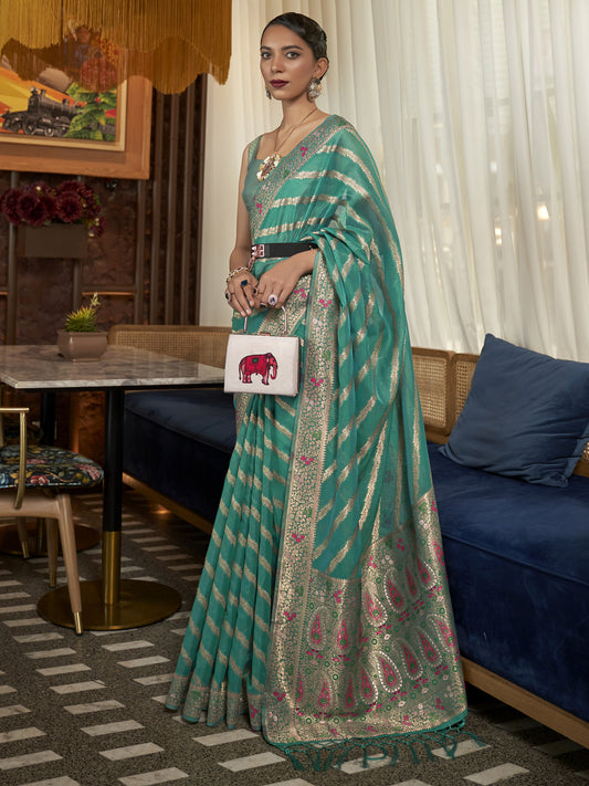 Women's Organza Teal blue Woven Design Designer Saree With Blouse Piece