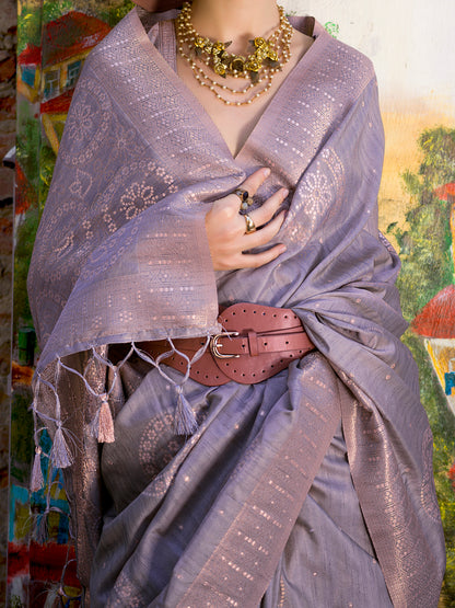 Women's Silk Blend Violet Woven Design Designer Saree With Blouse Piece