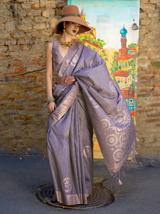 Women's Silk Blend Violet Woven Design Designer Saree With Blouse Piece