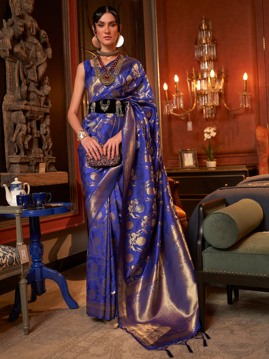 Women's Silk Blend Navy Blue Woven Design Handloom Saree With Blouse Piece