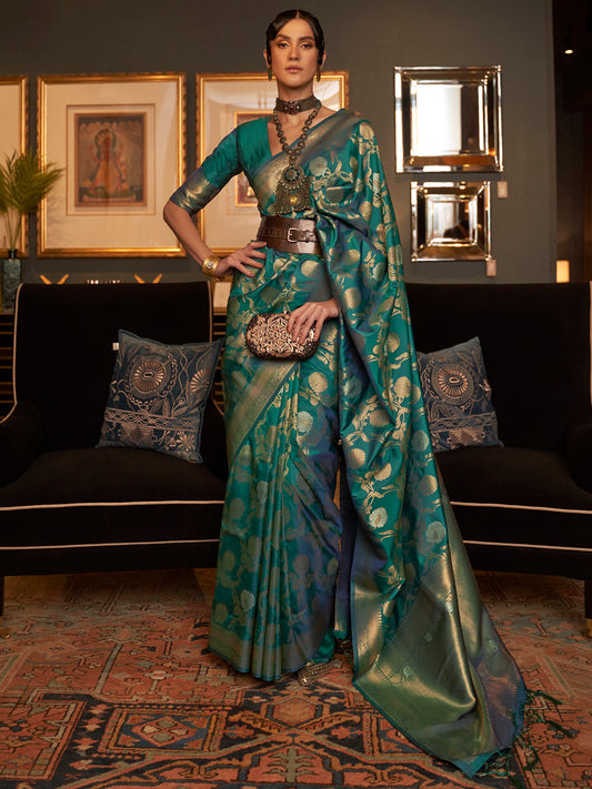 Women's Silk Blend Teal blue Woven Design Handloom Saree With Blouse Piece