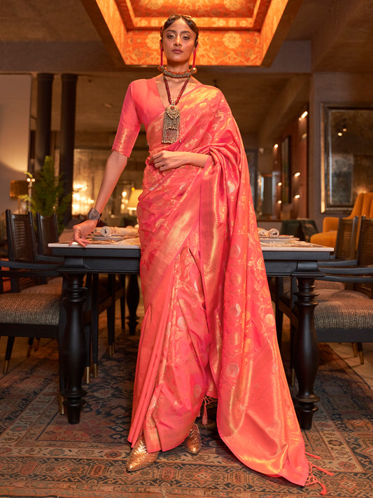 Women's Silk Blend Peach Woven Design Handloom Saree With Blouse Piece