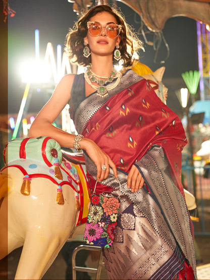 Women's Silk Blend Maroon Woven Design Designer Saree With Blouse Piece