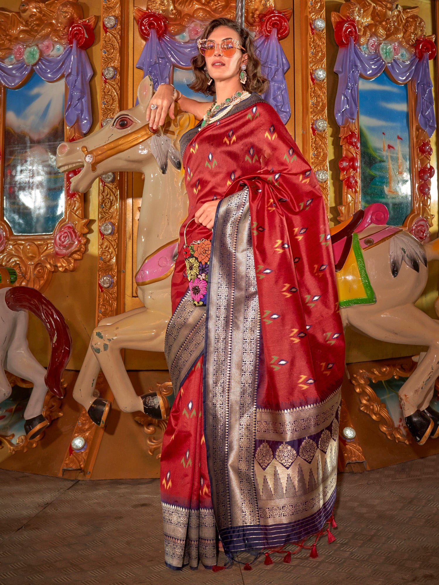 Women's Silk Blend Maroon Woven Design Designer Saree With Blouse Piece