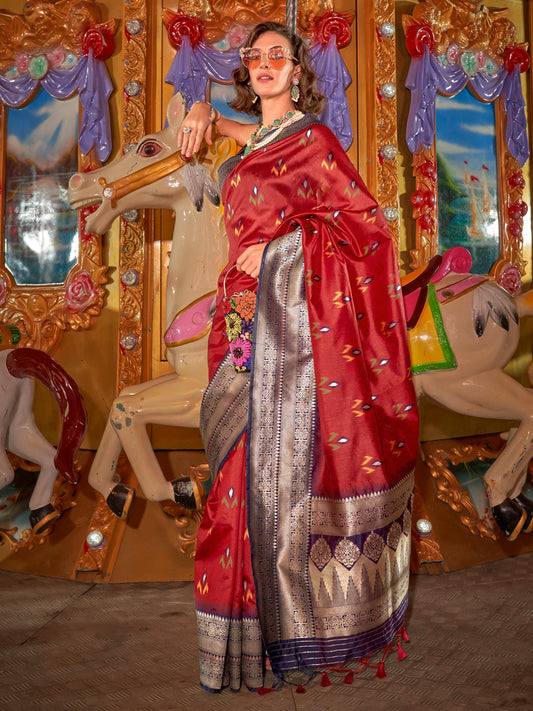 Women's Silk Blend Maroon Woven Design Designer Saree With Blouse Piece