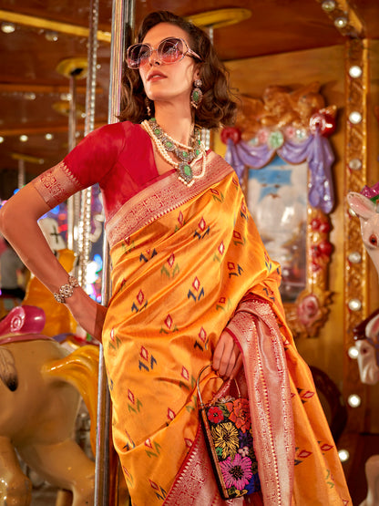 Women's Silk Blend Yellow Woven Design Designer Saree With Blouse Piece