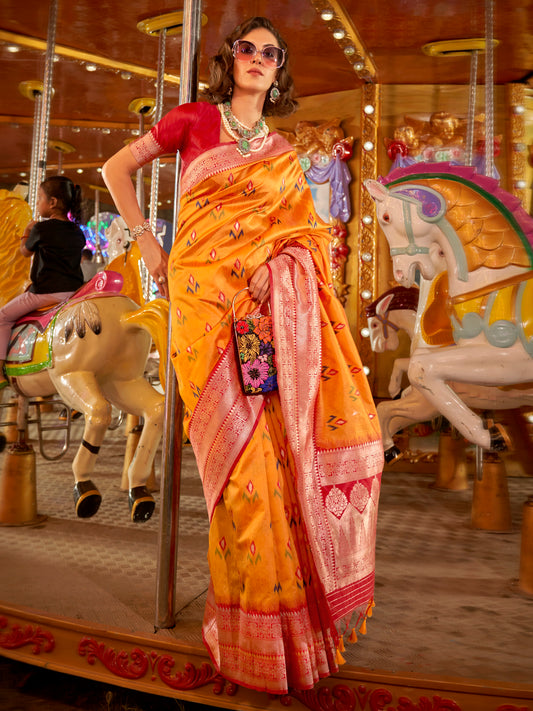 Women's Silk Blend Yellow Woven Design Designer Saree With Blouse Piece