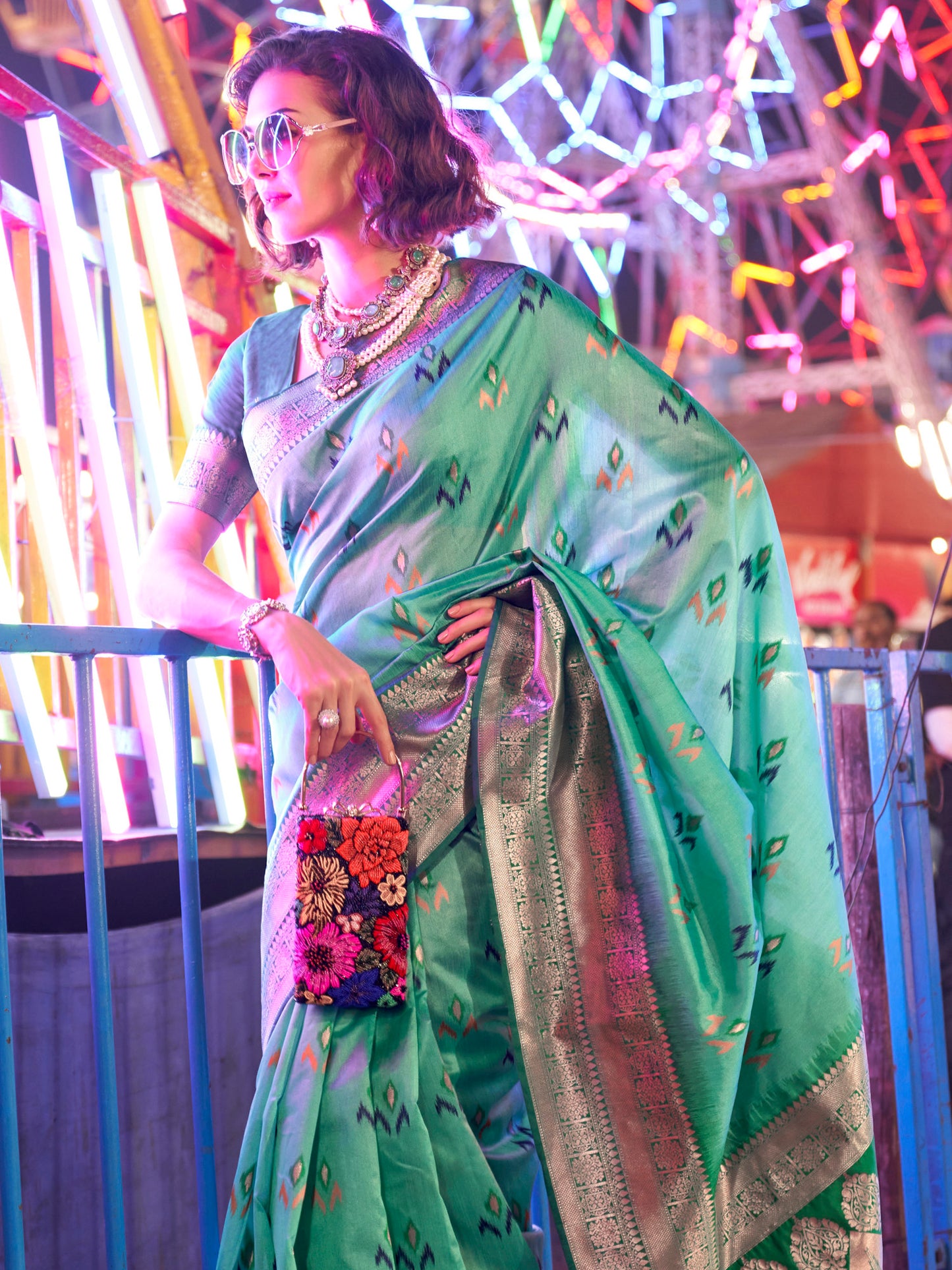 Women's Silk Blend Sea Green Woven Design Designer Saree With Blouse Piece