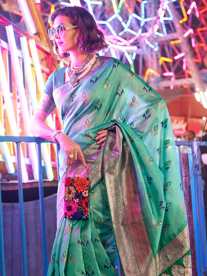 Women's Silk Blend Sea Green Woven Design Designer Saree With Blouse Piece