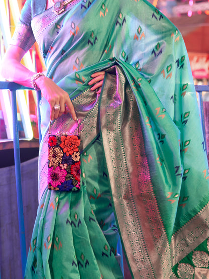 Women's Silk Blend Sea Green Woven Design Designer Saree With Blouse Piece