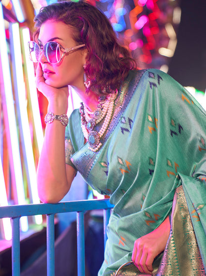 Women's Silk Blend Sea Green Woven Design Designer Saree With Blouse Piece