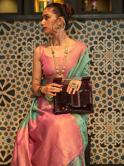 Women's Silk Blend Sea Green Woven Design Handloom Saree With Blouse Piece