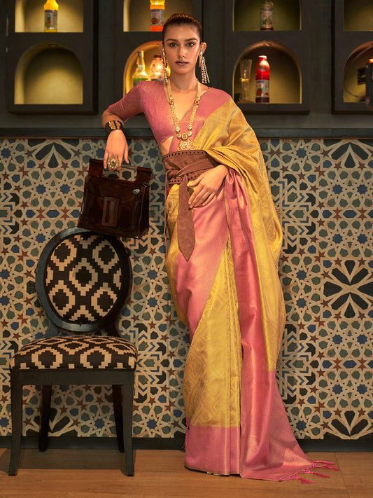 Women's Silk Blend Mustard Woven Design Handloom Saree With Blouse Piece