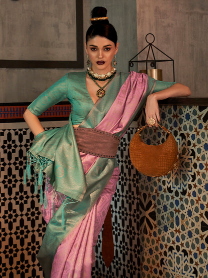 Women's Silk Blend Pink Woven Design Handloom Saree With Blouse Piece