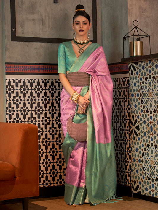Women's Silk Blend Pink Woven Design Handloom Saree With Blouse Piece