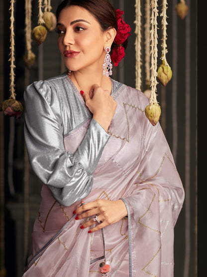 Women's Silk Blend Rose Gold Embellished Designer Saree With Blouse Piece