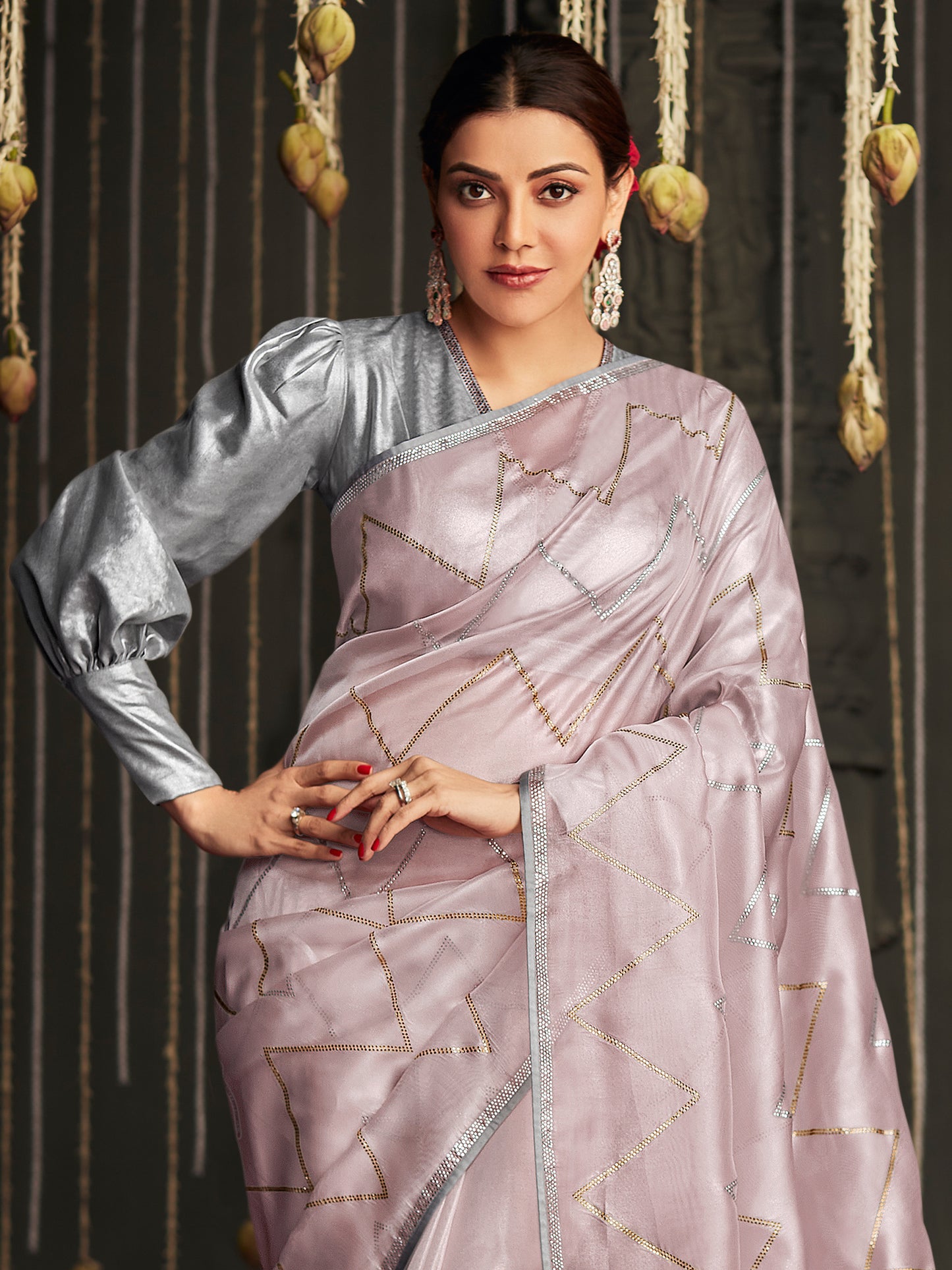 Women's Silk Blend Rose Gold Embellished Designer Saree With Blouse Piece