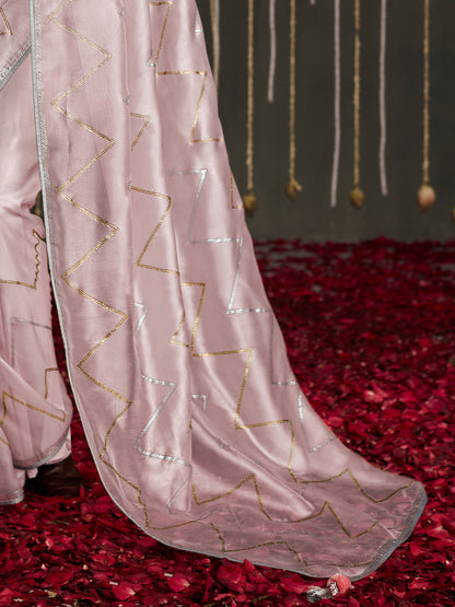 Women's Silk Blend Rose Gold Embellished Designer Saree With Blouse Piece