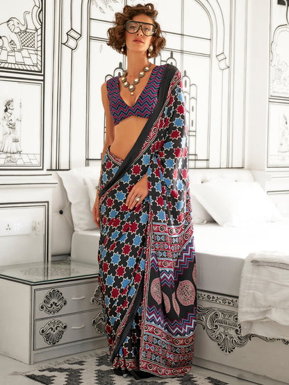 Women's Crepe Black Printed Designer Saree With Blouse Piece