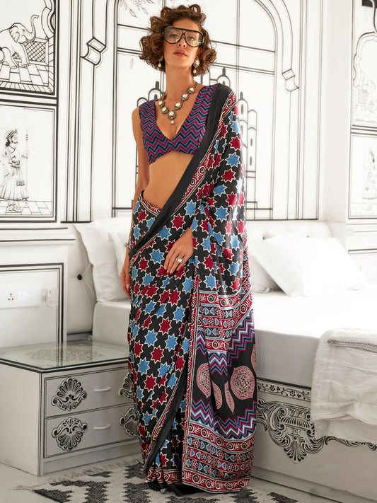 Women's Crepe Black Printed Designer Saree With Blouse Piece