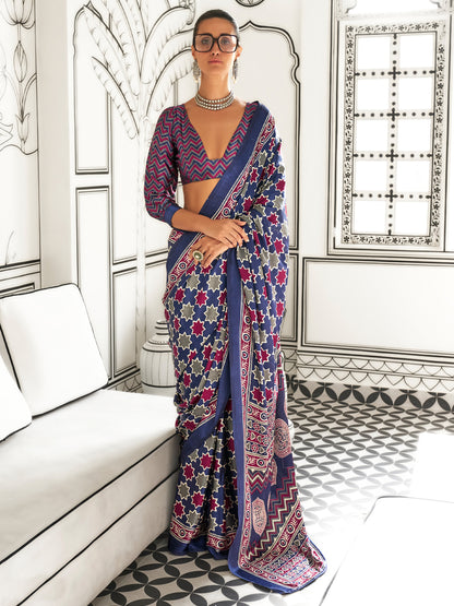 Women's Crepe Navy Blue Printed Designer Saree With Blouse Piece