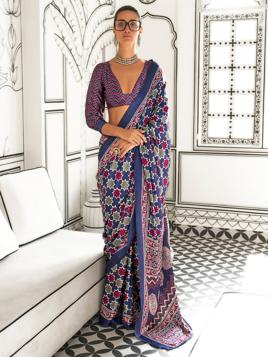 Women's Crepe Navy Blue Printed Designer Saree With Blouse Piece