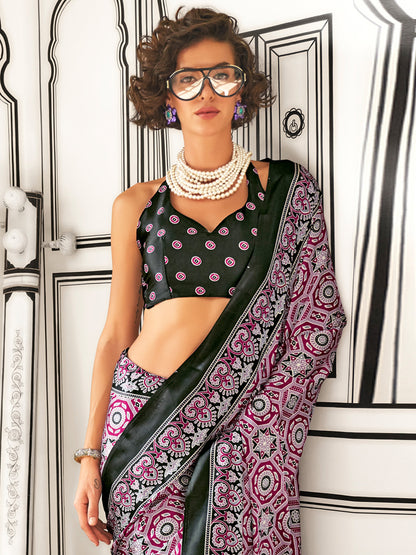 Women's Crepe Magenta Printed Designer Saree With Blouse Piece