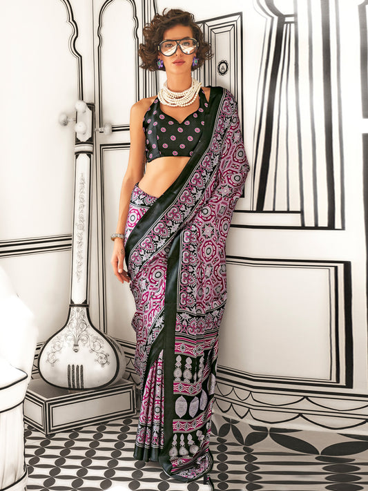 Women's Crepe Magenta Printed Designer Saree With Blouse Piece