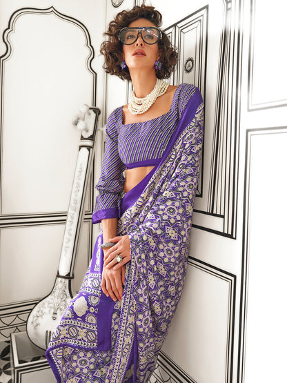 Women's Crepe Purple Printed Designer Saree With Blouse Piece
