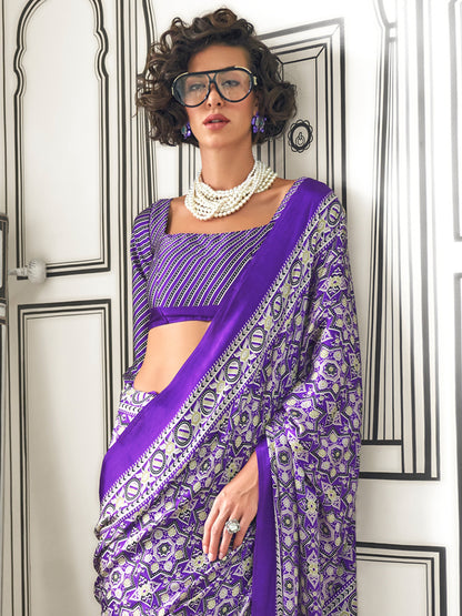 Women's Crepe Purple Printed Designer Saree With Blouse Piece