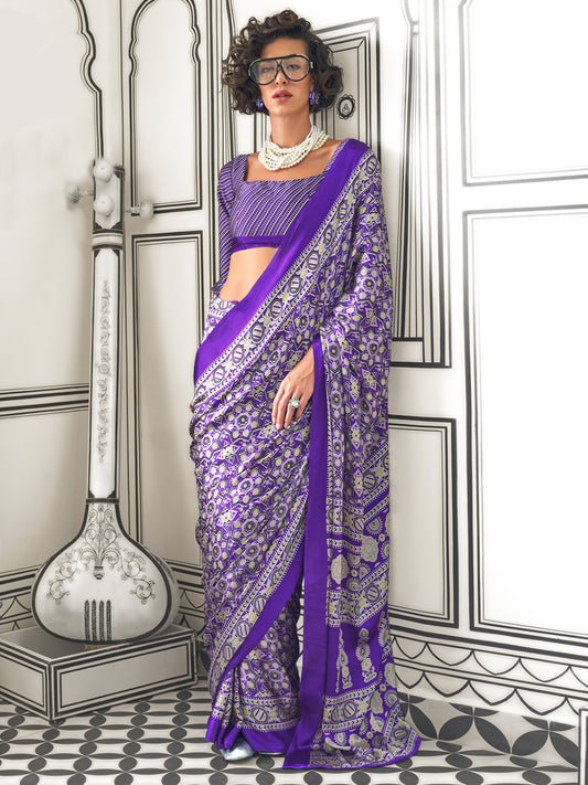 Women's Crepe Purple Printed Designer Saree With Blouse Piece