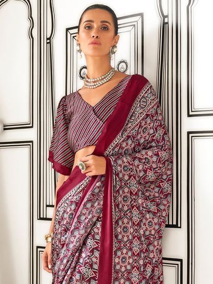 Women's Crepe Maroon Printed Designer Saree With Blouse Piece