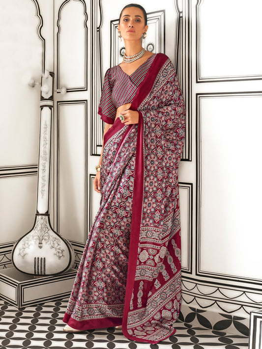 Women's Crepe Maroon Printed Designer Saree With Blouse Piece