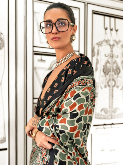 Women's Crepe Olive Printed Designer Saree With Blouse Piece