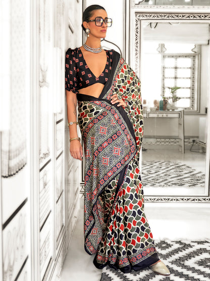 Women's Crepe Olive Printed Designer Saree With Blouse Piece