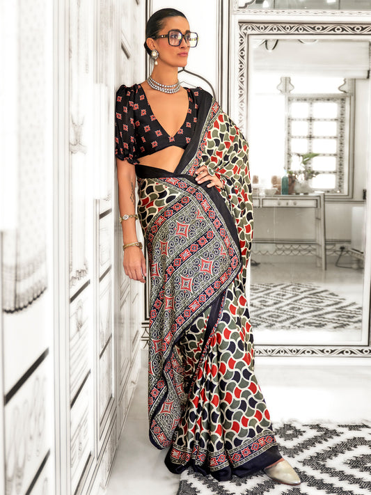 Women's Crepe Olive Printed Designer Saree With Blouse Piece