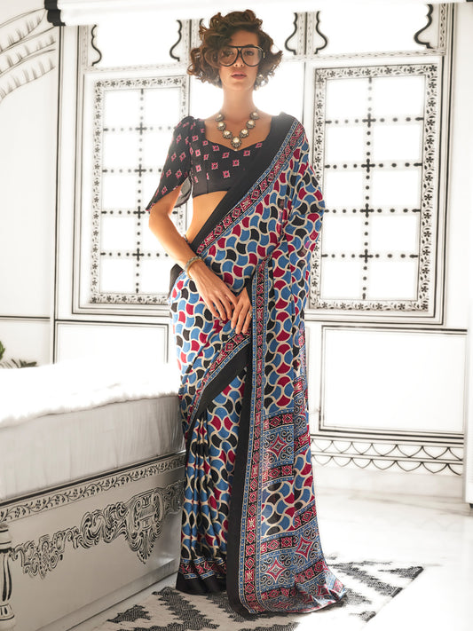 Women's Crepe Blue Printed Designer Saree With Blouse Piece