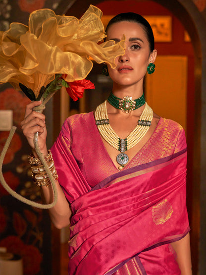 Women's Silk Blend Pink Woven Design Designer Saree With Blouse Piece